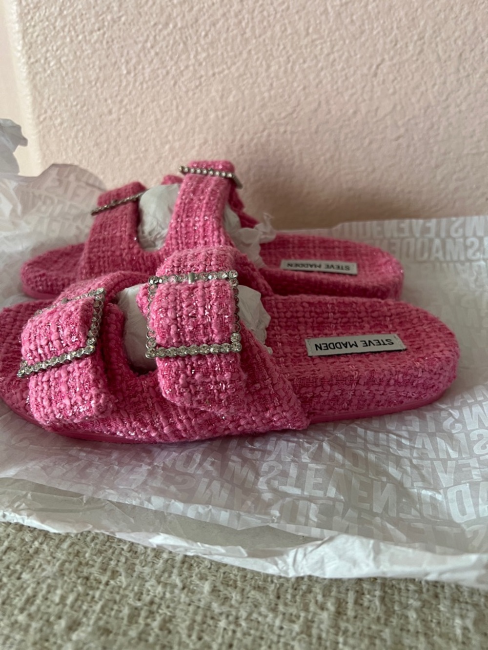 Steve Madden - Pink Tweed Sandstorm Sandals - Picture 4 of 7